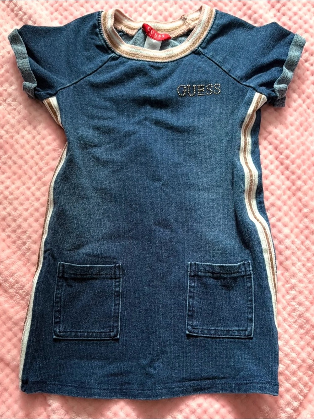 GUESS Blue Denim-Style Short Sleeve Dress with Striped Trim